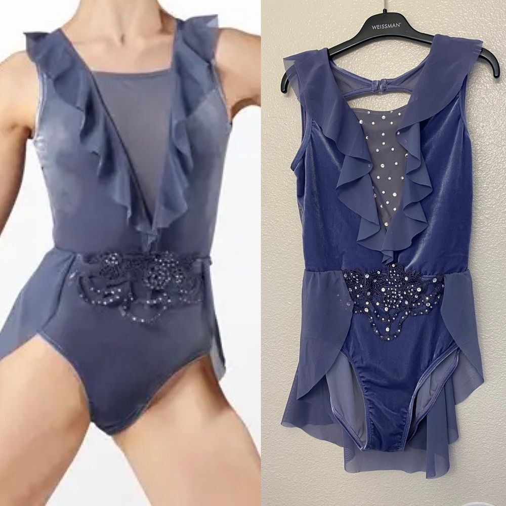 WEISSMAN solo Dance Costume Ruffle blue Velvet lyrical dress V12278 MA adult
